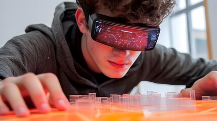 Poster - Candid photo of a student studying a 3D map with AI-suggested study points marked in 2D overlays, blending spatial learning with intelligent guidance, 4k resolution