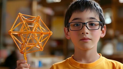 Poster - Candid photo of a student learning geometry through a 3D AI visual model with 2D measurement tools displayed, blending spatial understanding with smart technology, 4k resolution