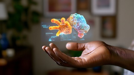 Poster - Lifestyle photo of a person using a 3D AI-powered machine learning tool with 2D predictive outcomes appearing in a floating overlay, merging decision-making with advanced tech, 4k resolution