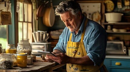 Poster - Lifestyle photo of a dad preparing breakfast in a 3D kitchen with 2D animated recipes displayed on a tablet, blending daily routines with technology, 4k resolution