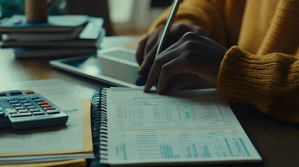 Poster - Lifestyle photo of a dad organizing household finances on a 3D tablet with 2D charts and budget breakdowns overlayed, merging family planning with digital tools, 4k resolution