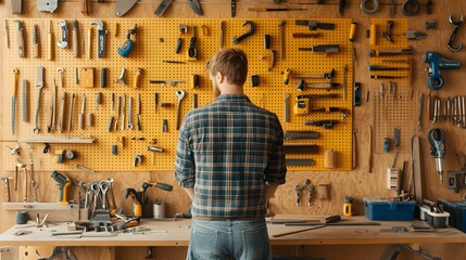 Poster - Lifestyle photo of a dad organizing his workshop with 2D tool labels on 3D storage racks, blending order with efficiency, 4k resolution