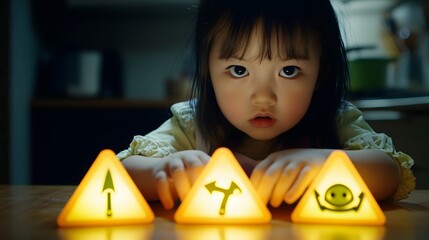 Poster - Lifestyle photo of a kid learning kitchen safety with 2D warning icons projected over 3D kitchen tools, blending cooking with awareness, 4k resolution