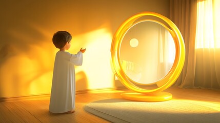 Poster - Candid photo of a child practicing dance with 2D instructional steps displayed next to a 3D mirror, blending creativity with digital prompts, 4k resolution