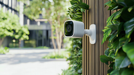 Poster - Home security camera mounted on wall surrounded by greenery
