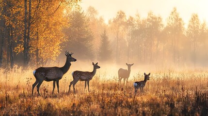  Family of Deer Grazing in Misty Autumn Meadow with Golden Sunrise Glow