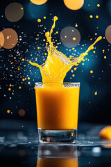 A vibrant splash of orange juice from a glass, creating dynamic droplets against a blurred, colorful backdrop.