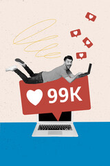 Poster - Vertical collage image of excited black white effect guy big netbook receive like notification isolated on drawing creative background