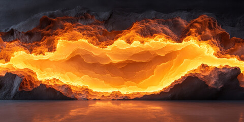 Canvas Print - A fiery abstract landscape with a glowing orange center and grey rocky edges.