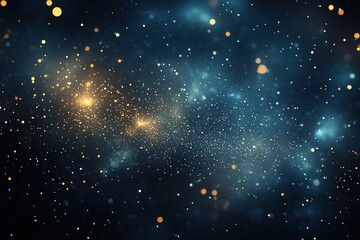 dark background, starry sky, glowing particles, glowing dots, dark blue and gold tones, glowing effe
