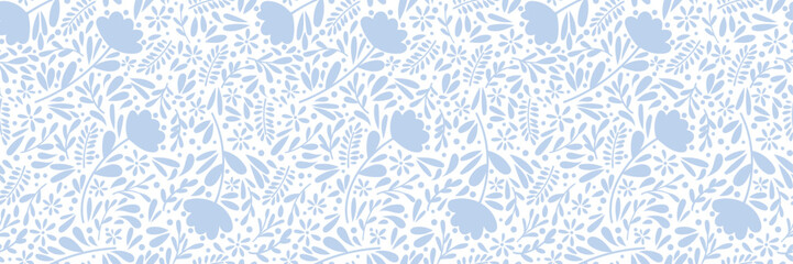 Poster - Ditsy blue floral pattern banner, seamless repeating vector background, flower wallpaper, wide horizontal design