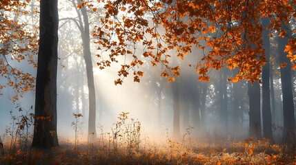 Wall Mural - enchanting autumn forest bathed in misty golden light
