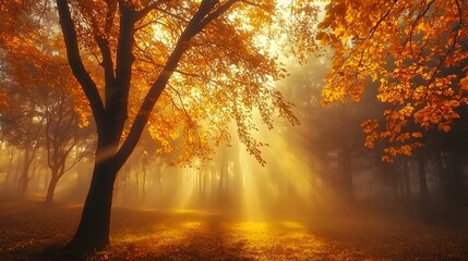 Wall Mural - vibrant autumn morning in misty forest with golden sunlight breaking through