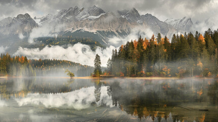 Wall Mural - Mountains and foggy forest reflected in the lake
