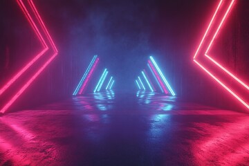 Wall Mural - Glowing red and blue neon arrows on a dark background, an empty virtual space for design with light effects