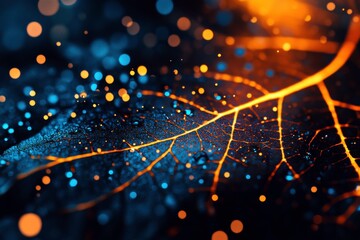 Leinwandbilder - A vibrant close-up of a leaf with glowing veins and sparkling particles, set against a dark, moody background, creating a magical atmosphere.