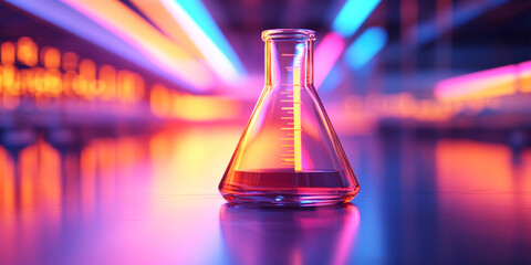 a glass flask filled with a pink liquid sits in a brightly lit laboratory.