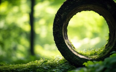 Poster - A circular opening surrounded by vibrant greenery, showcasing nature’s beauty through soft light and lush vegetation.