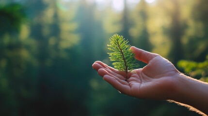 Aufkleber - A serene hand holding a vibrant green leaf against a blurred forest backdrop, symbolizing nature and environmental care.