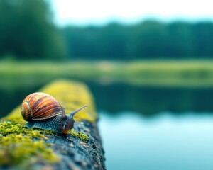 Poster - A colorful snail crawls along a moss-covered log beside a tranquil body of water, surrounded by lush greenery and soft natural light.