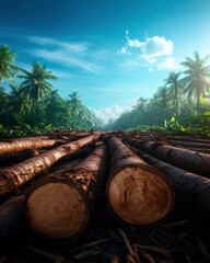 Poster - A serene landscape featuring cut logs in a lush forest, surrounded by palm trees under a clear blue sky.
