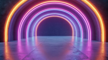 Poster - Vibrant Neon Archways in a Dark Environment