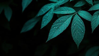 Poster - A close-up of green leaves glistening with raindrops against a dark background, creating a serene and refreshing atmosphere.