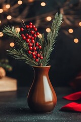 Wall Mural - festive holiday vase with red berries pine branches