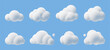 © YummyBuum - Cartoon 3d clouds. Cumulus bubbled clouds in kids style, white fluffy render objects, rounded geometric cloudy shapes, cute weather element, meteorology icons, cloudscape isolated vector set
