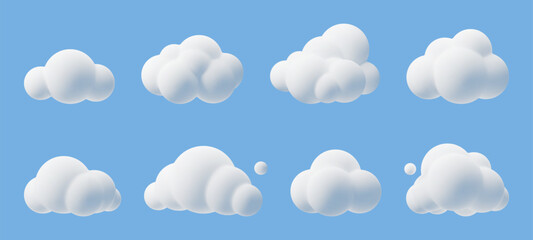 cartoon 3d clouds. cumulus bubbled clouds in kids style, white fluffy render objects, rounded geomet