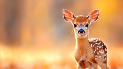 Poster - A sweet fawn stands delicately in a sunlit forest, showcasing its spots against a warm, blurred background of autumn hues.