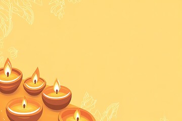 Poster - Flat illustration of a happy Diwali celebration with three oil lamps on a yellow background with a blue square shape and empty space for text, a greeting card design template