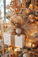 Wall Mural - golden holiday decorations gift box sparkling christmas tree