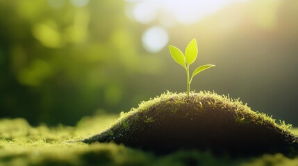 Aufkleber - A young plant sprouts from a mossy mound, illuminated by soft sunlight, symbolizing growth and renewal in a vibrant forest setting.