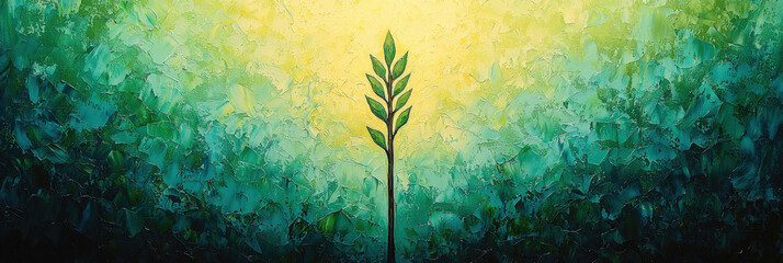 Poster - vibrant abstract painting featuring green arrow like plant growing against bright yellow background, symbolizing growth and renewal