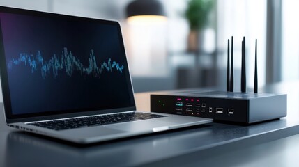 Poster - Modern Laptop with Router and Sound Waves Displayed