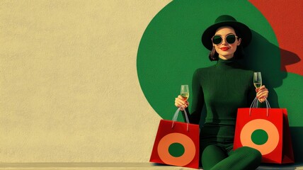 Chic woman in green outfit holding shopping bags against a colorful backdrop.