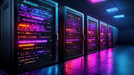 Poster - Colorful data center with server racks illuminated by vibrant lights.