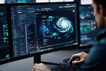 meteorologist monitoring weather forecast at monitor screen. man monitors formation of dangerous hea
