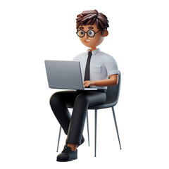 3D rendering of a man seated on a chair and working on a laptop on transparent background