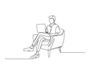 Leinwandbilder - Continuous one line drawing of man siitting in cozy armchair working on laptop. Man is working in chair with a notebook single line art vector illustration. Editable vector.