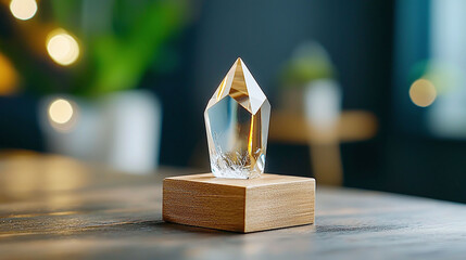 Poster - Close up of clear gemstone crystal on wooden base, glowing softly