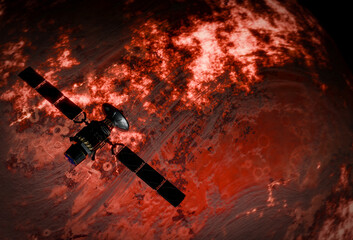 Wall Mural - satellite in space over lava planet 3d illustration.