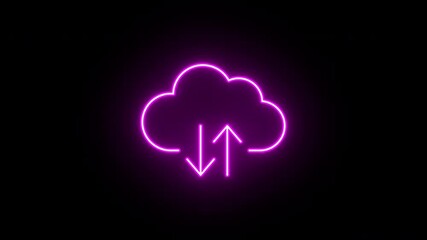Poster - Neon cloud icon animation, slow blink. Glowing neon cloud storage with arrows, looped slow flashing animation. Cloud space and technology, data backup, file repository. Magenta, red, pink colors