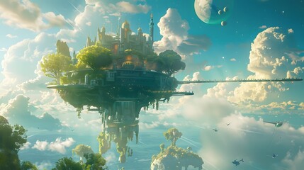 surreal floating island castle amidst whimsical cloudscape in fantastical digital landscape