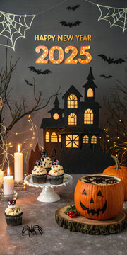 Generative AI Celebrate New Year 2025 with a Halloween twist, featuring decorated pumpkins, cakes, gift spooky vibes,  beautiful and realistic balloon decorations, aesthetic and elegant 2025 number