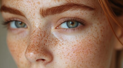 Poster - A young individual showcases their striking freckles and vibrant green eyes in a close-up. Soft, natural lighting enhances their unique and beautiful features, creating an intimate portrait.
