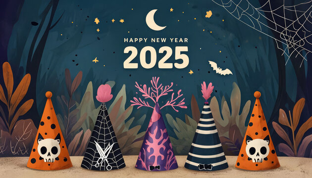 Generative AI Celebration New Year 2025 with a Halloween twist, featuring decorated pumpkins, gift spooky vibes, beautiful and realistic balloon decorations, aesthetic, and elegant 2025 number      