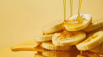 Poster - Banana slices covered with honey, isolated on yellow background, sweet healthy fruit snack