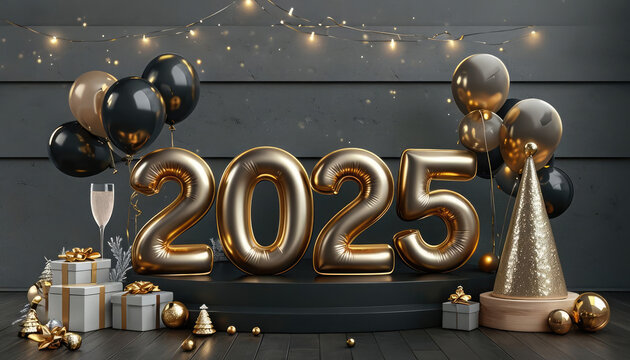 Generative AI Celebrate New Year 2025 with a Halloween twist, featuring decorated pumpkins, cakes, gift spooky vibes,  beautiful and realistic balloon decorations, aesthetic and elegant 2025 number